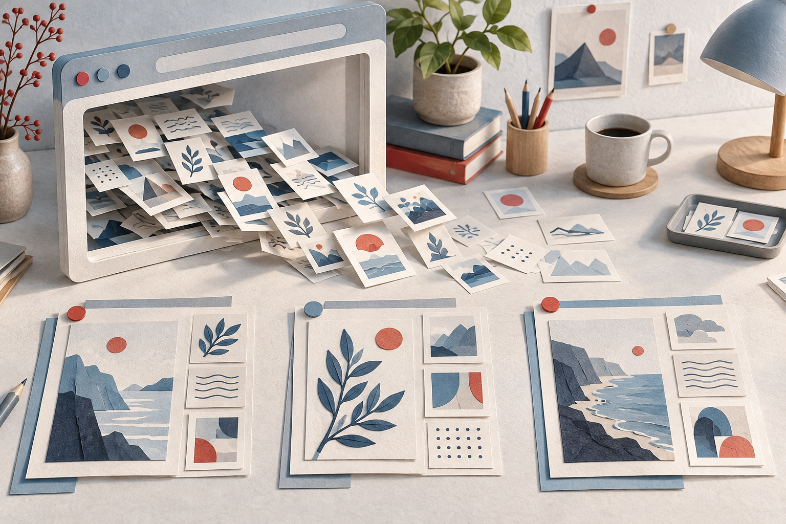 Reading paths converge into an illustrated browser window filled with editorial cards.