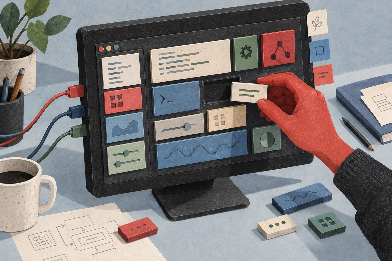 A hand fits a removable module into a computer interface assembled from textured blocks.