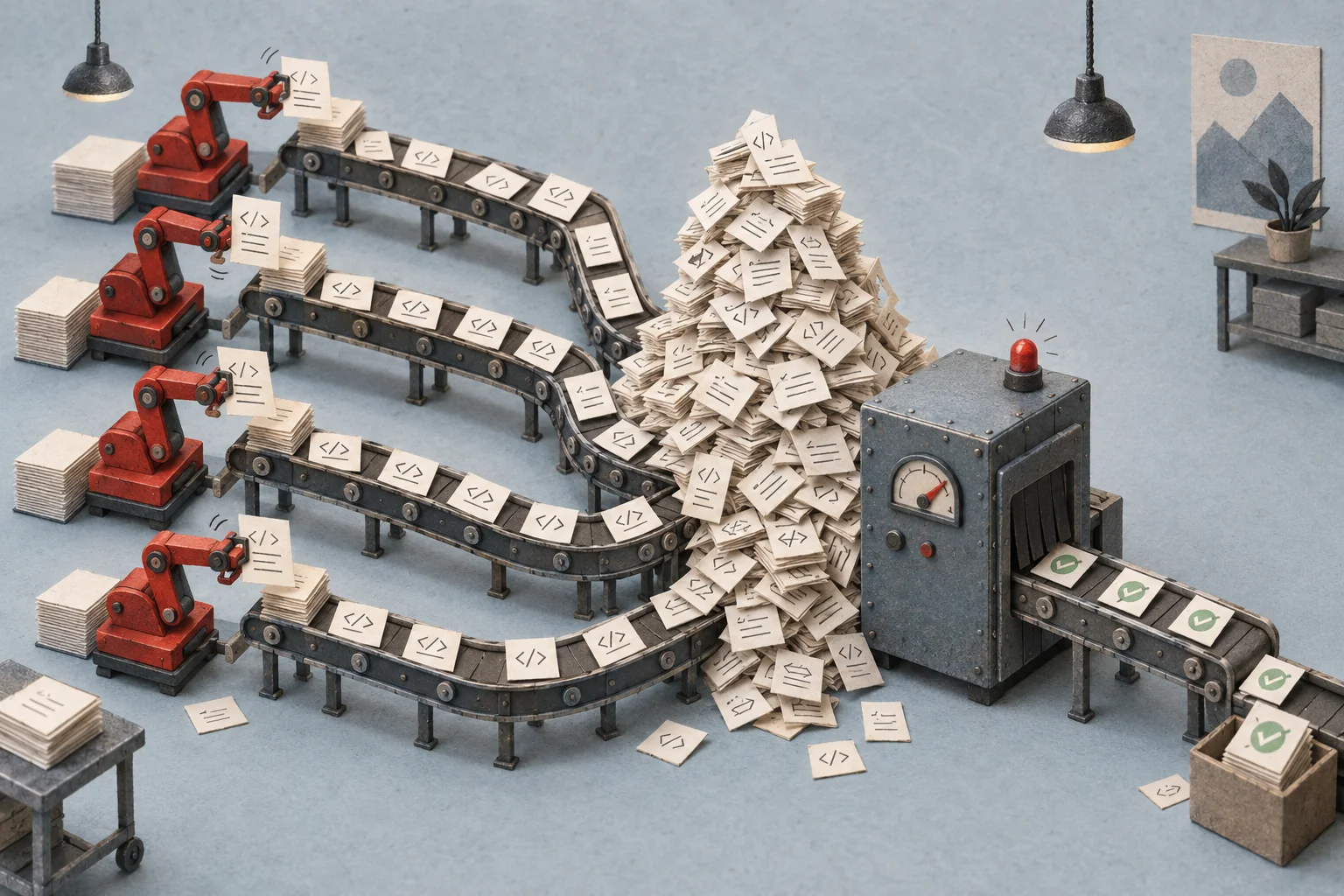 Four red mechanical arms feed code tickets onto conveyors that overwhelm a single testing machine.