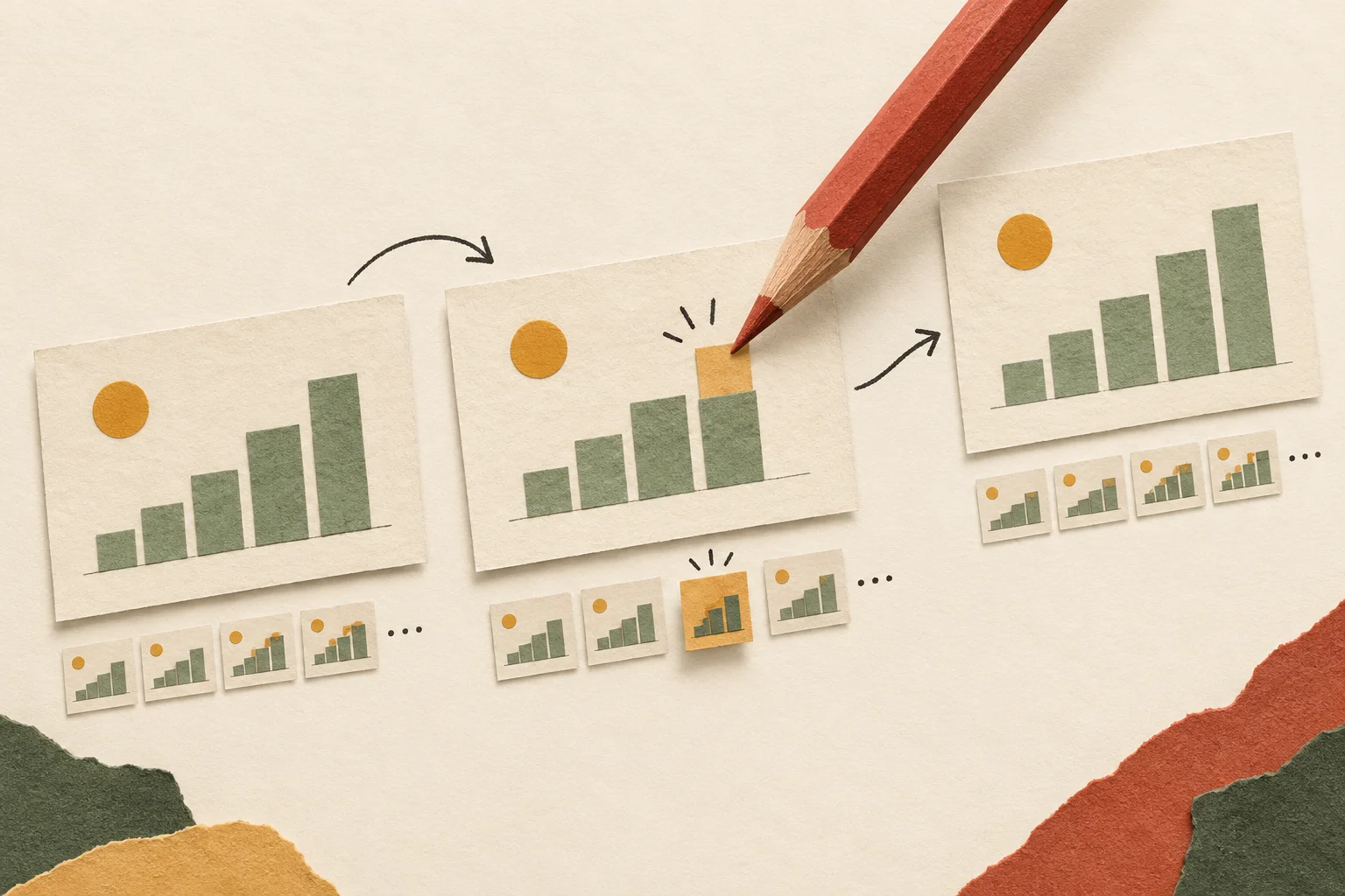 Three illustrated animation frames show a green chart changing while a red editing pencil adjusts one detail.