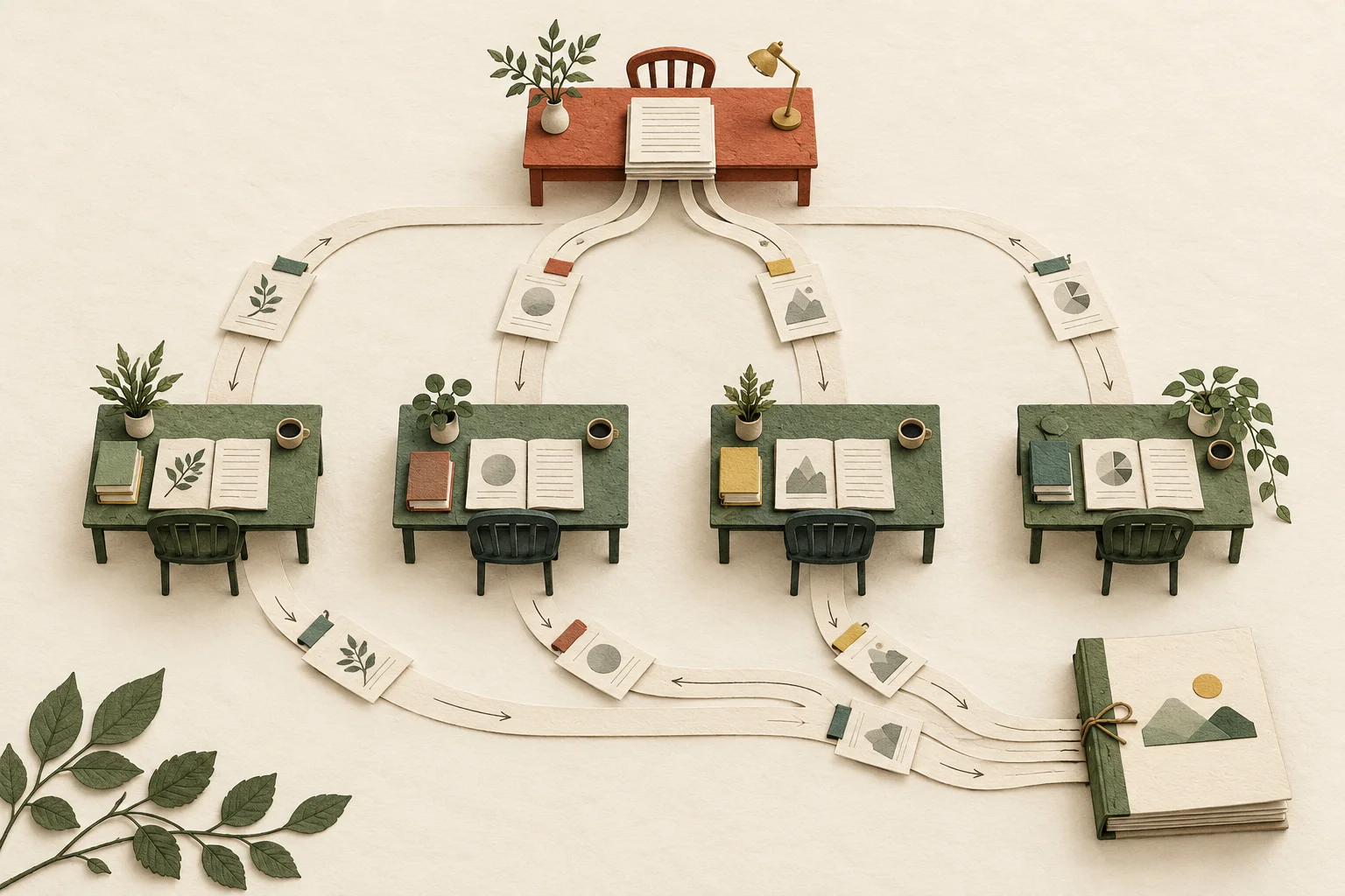 Paper documents travel from a planning desk to independent reading desks and converge into one report.