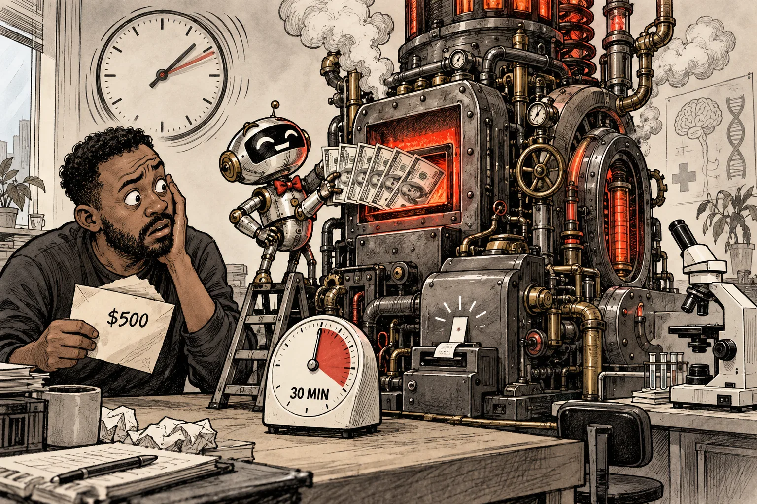 A cheerful robot feeds a five-hundred-dollar budget into an enormous computer furnace while an astonished builder watches a thirty-minute timer.