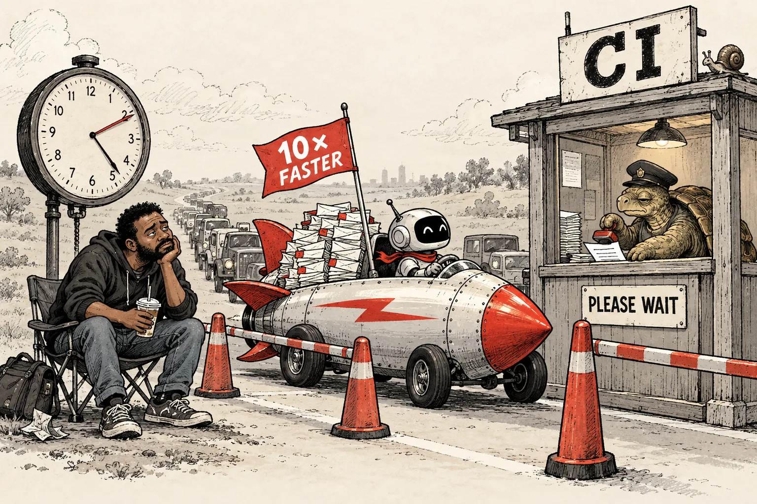 A ten-times-faster coding rocket waits at a CI checkpoint where a tortoise inspector slowly stamps a page as the builder sits with cold coffee.