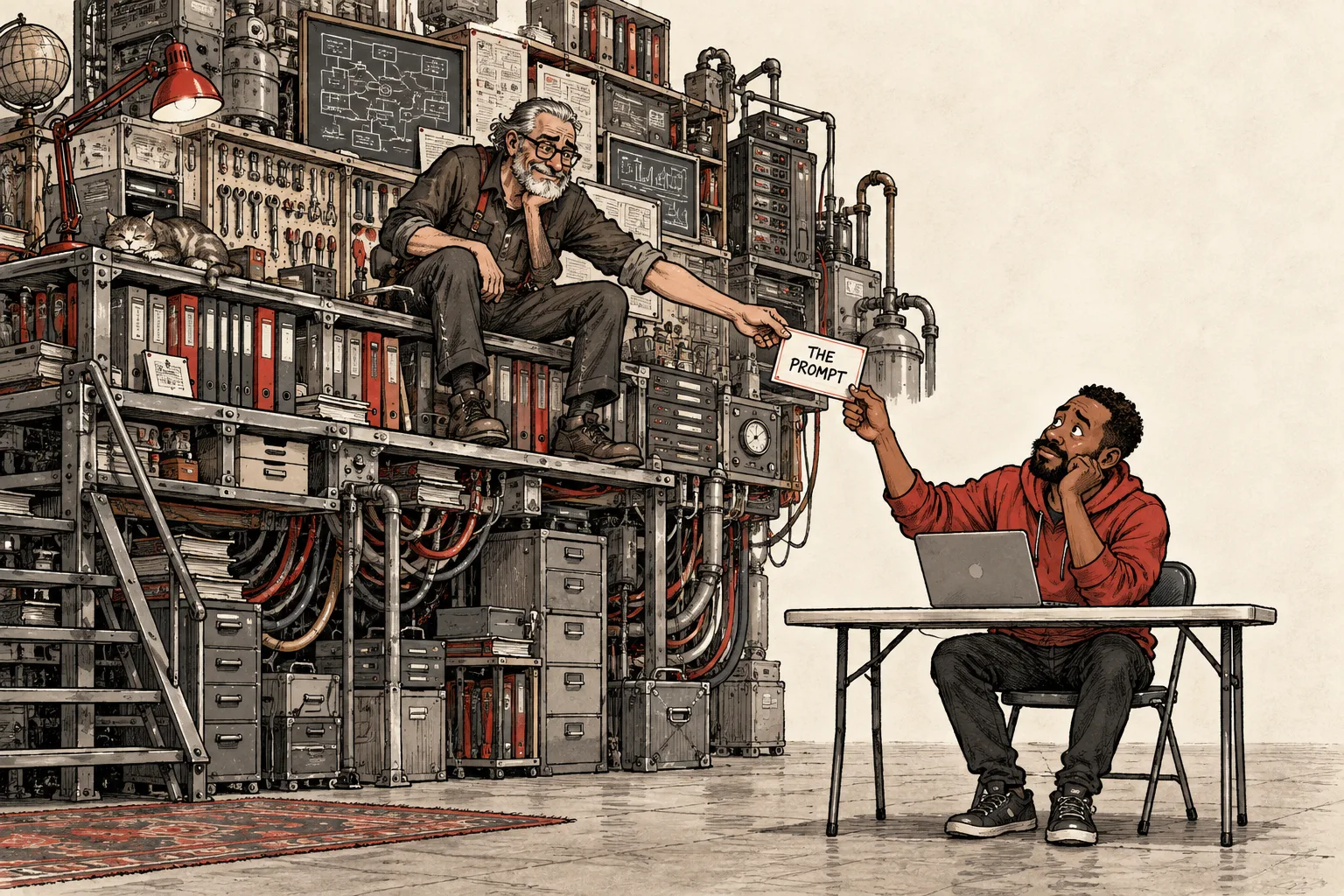 An engineer with an enormous workshop hands a tiny prompt card to a builder with only a laptop on an empty folding table.