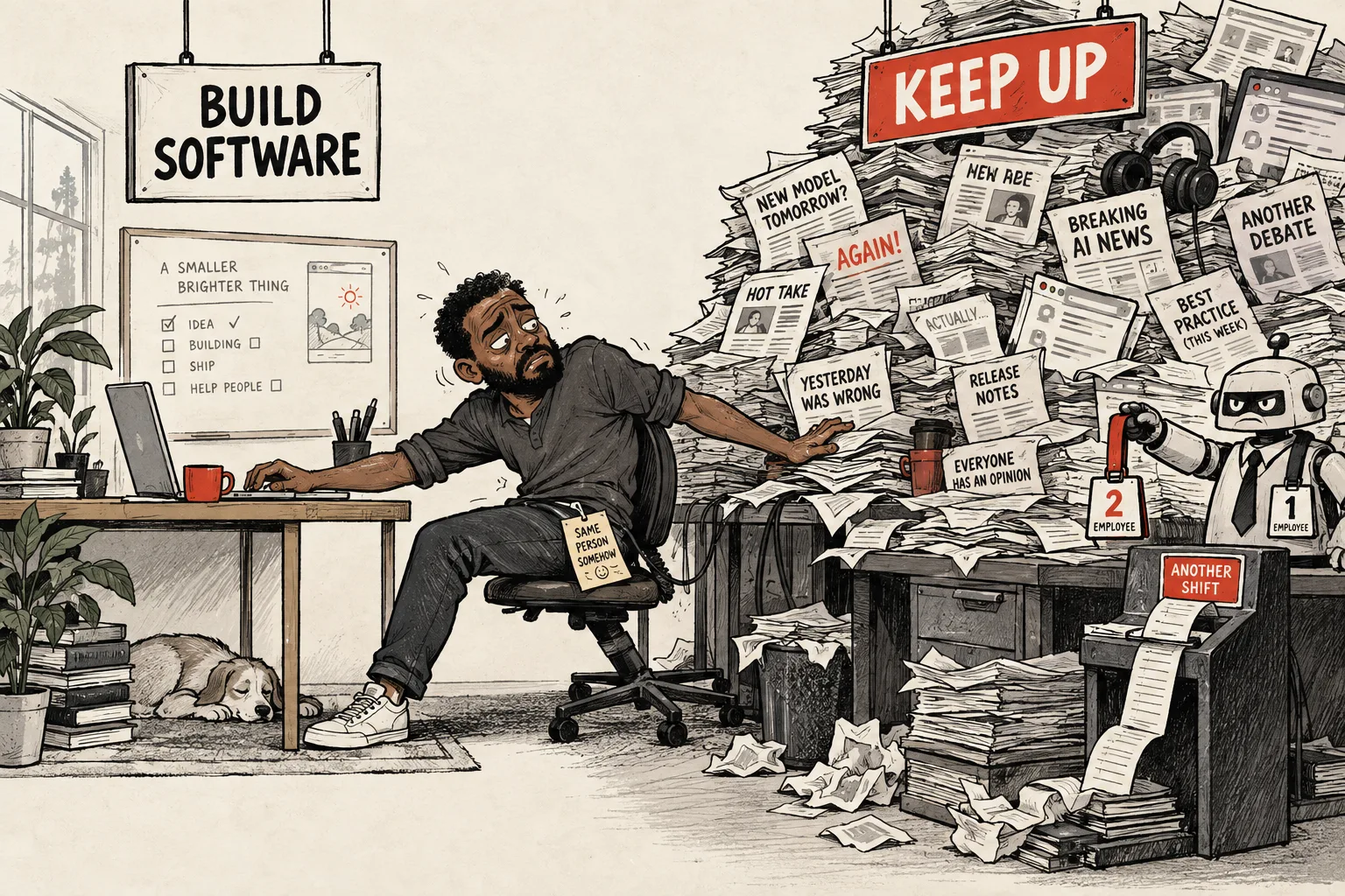 An exhausted builder is pulled between a small software desk and a much larger second desk overflowing with AI opinions and release notes.