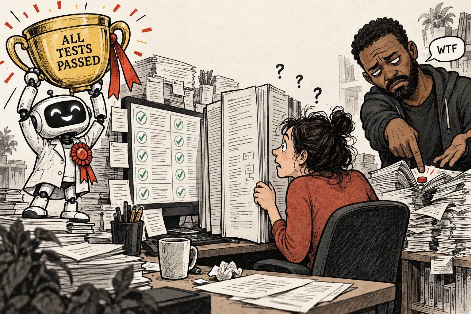 A robot celebrates an all-tests-passed trophy while instructions block a bewildered user from using the dashboard and the builder asks WTF.