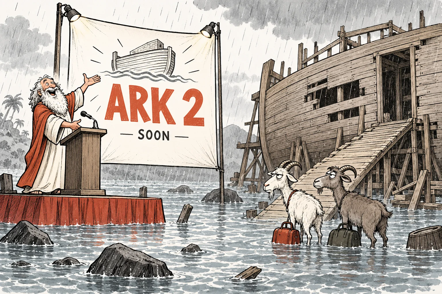 Noah unveils an Ark 2 coming-soon banner while two goats wait with their bags outside an unfinished ark and floodwater rises around the launch stage.