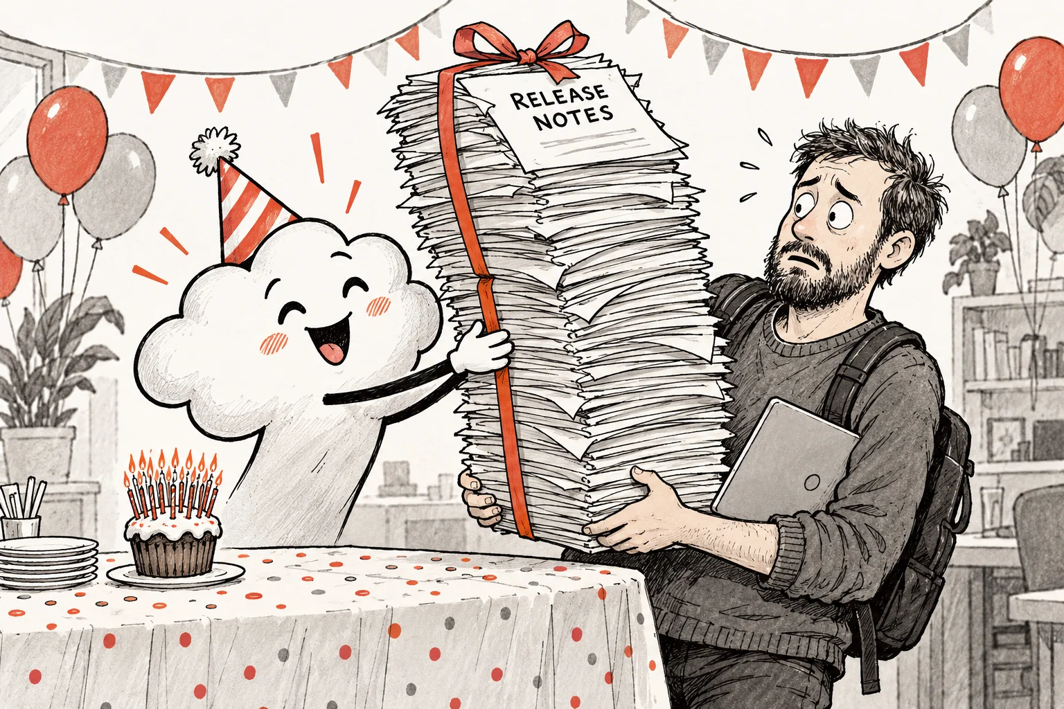 A cheerful cloud in a party hat gives an exhausted builder an enormous ribbon-wrapped stack of release notes while a tiny birthday cupcake sits ignored.