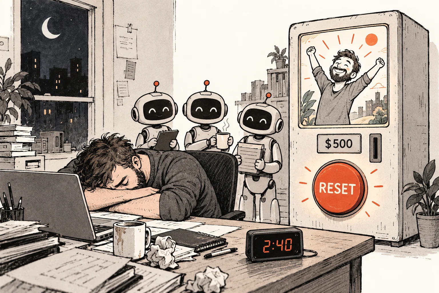 At 2:40 a.m., an exhausted builder slumps beside his laptop while three cheerful robots wait and a vending machine offers a five-hundred-dollar reset.
