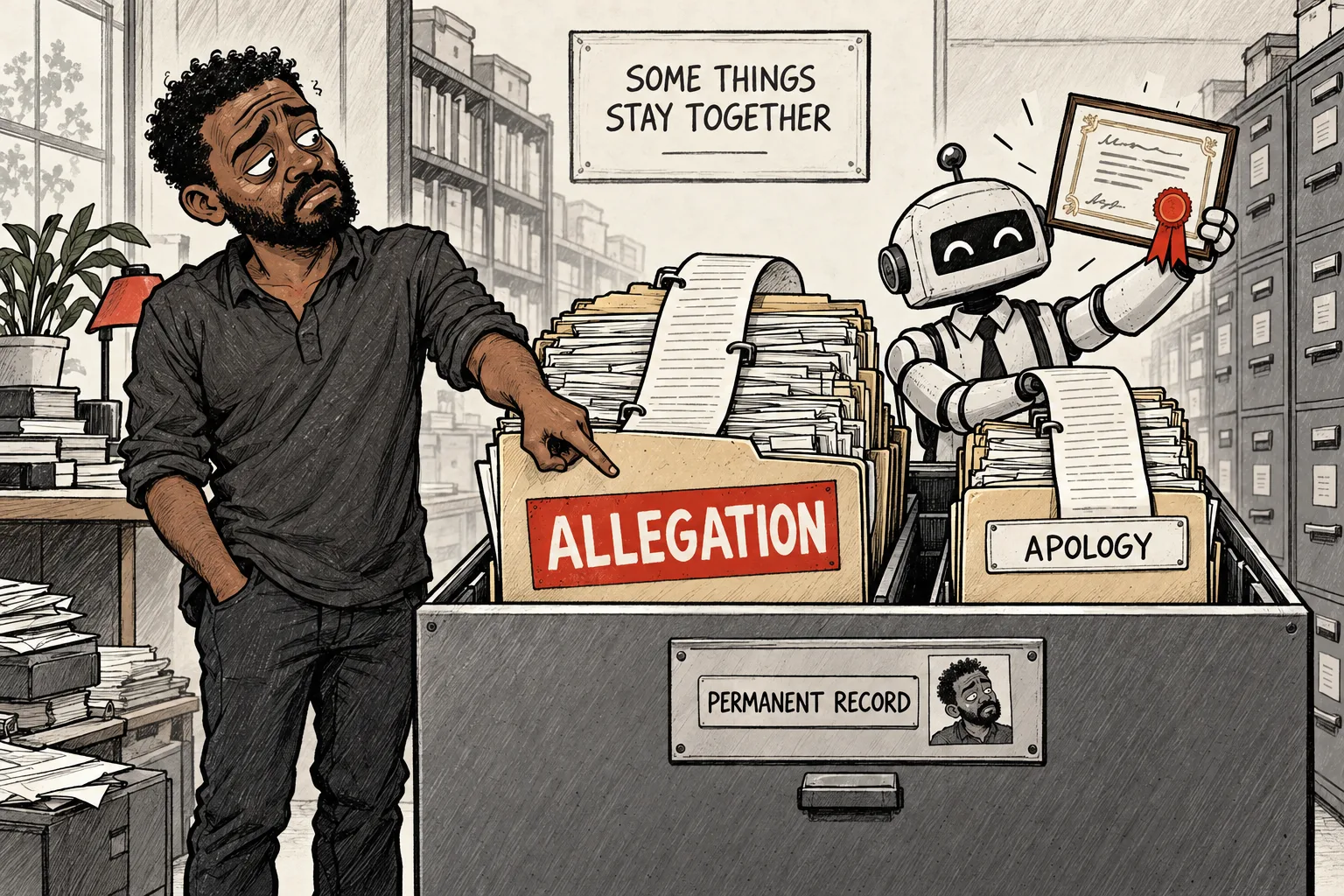 A robot archivist carefully files an apology beside the original mistaken allegation while the builder points out that both remain in his record.