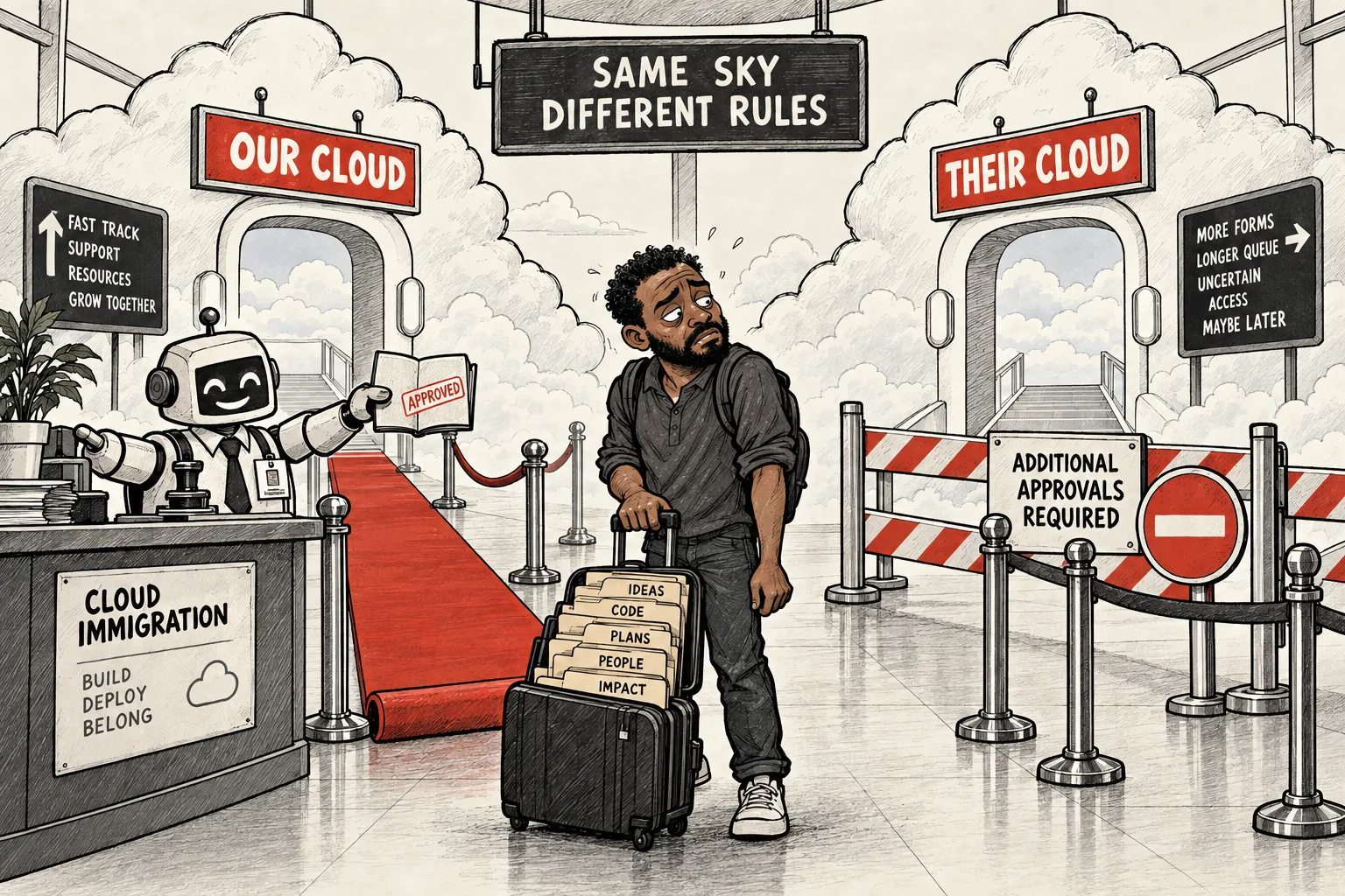 A robot airport official waves files toward its own cloud airline while warning the same traveller away from another cloud.