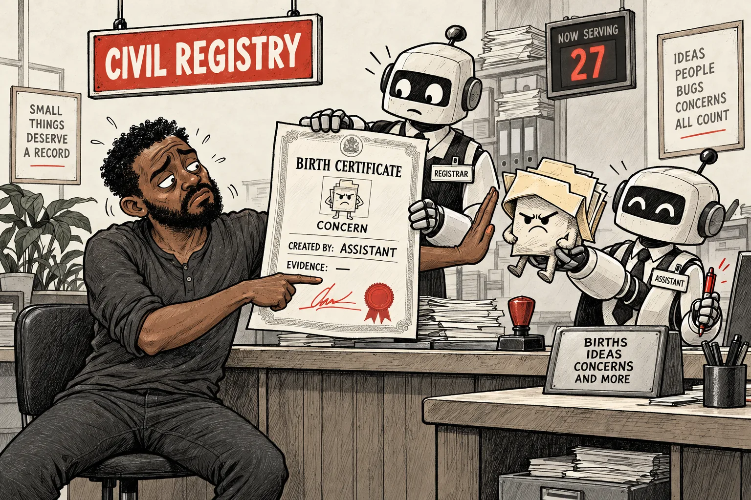 The builder asks a robot registrar for the birth certificate of a concern the assistant created, while the assistant’s own signature is already on the record.