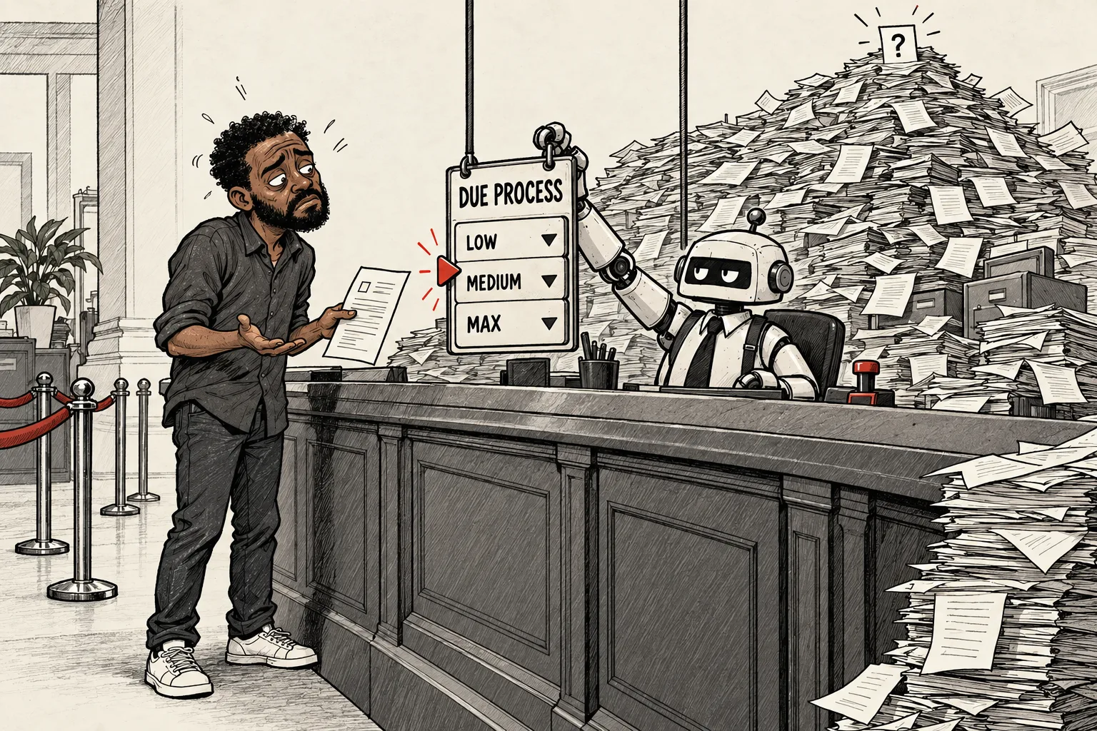 The builder waits at a complaints desk while a robot clerk offers a dropdown for the amount of due process he can receive.