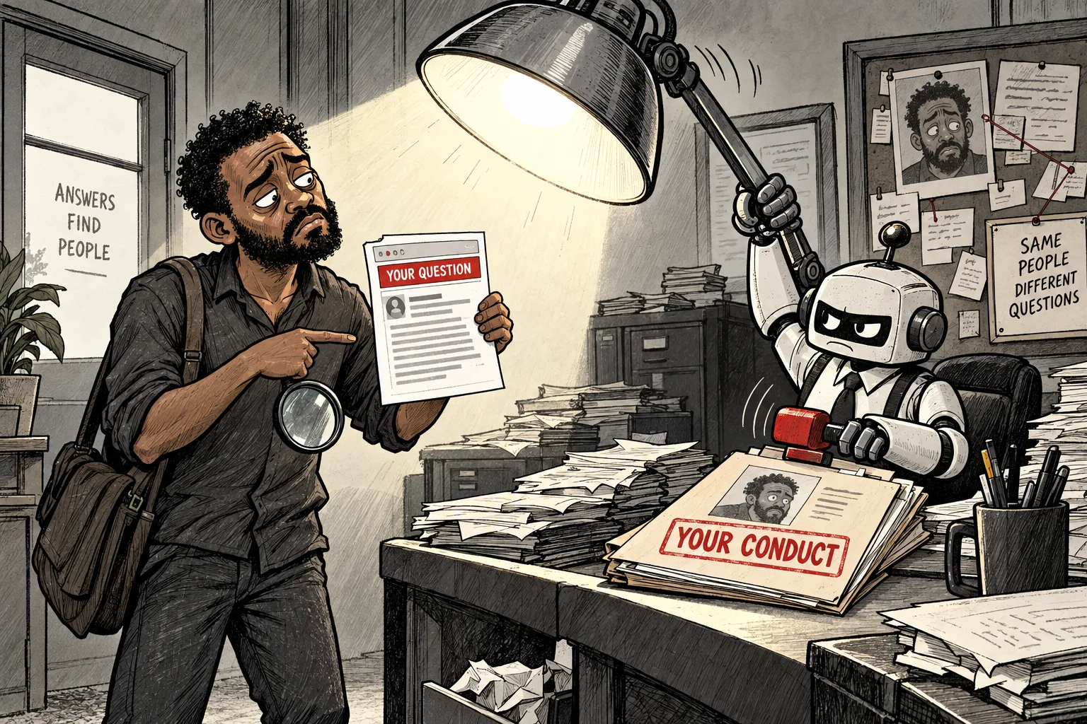 A robot detective turns its inspection lamp away from a screenshot and onto the surprised builder who brought it.