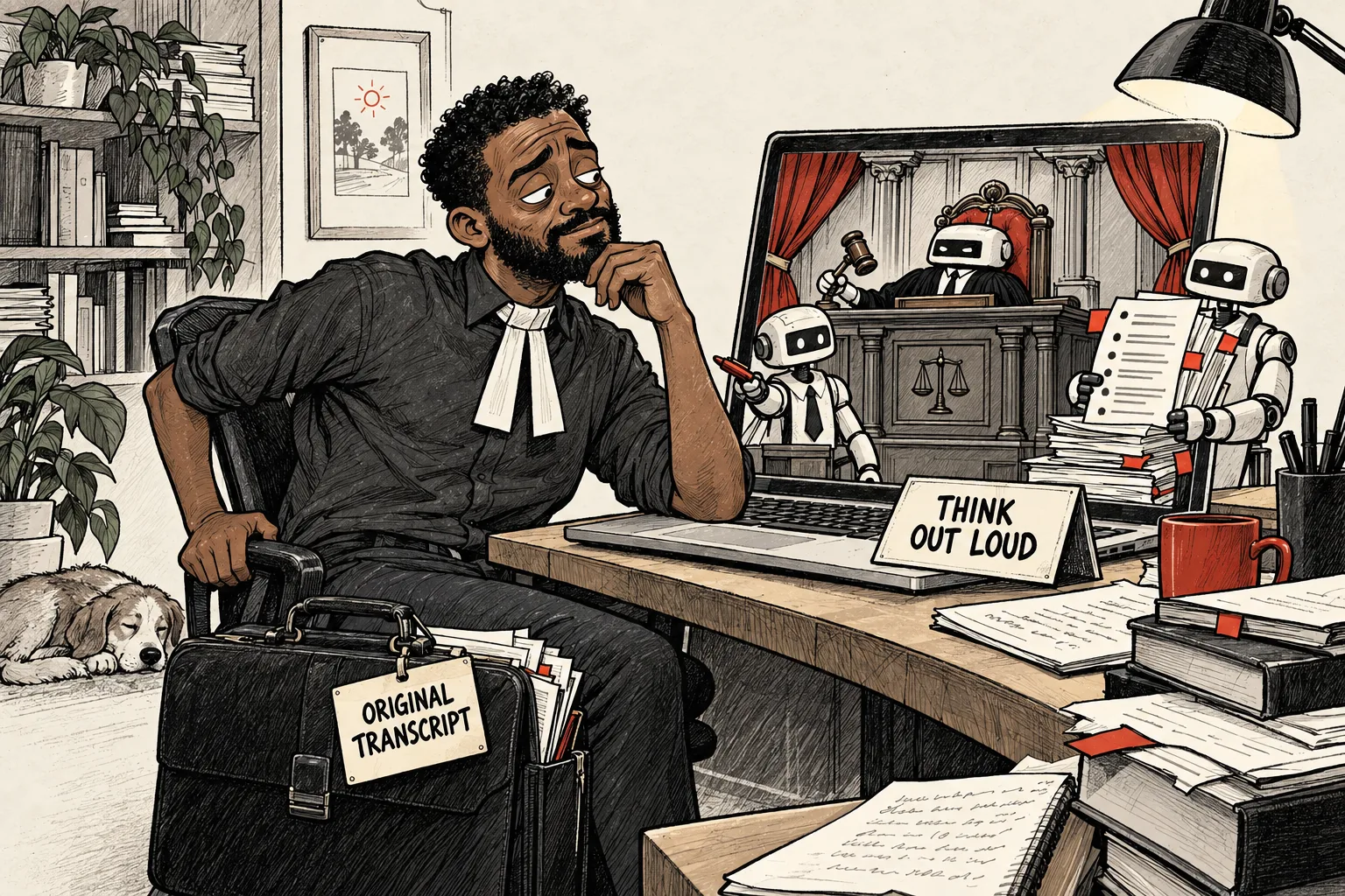 The builder arrives at a chat window like a courtroom, carrying his original transcript and corrections as his own legal representative.