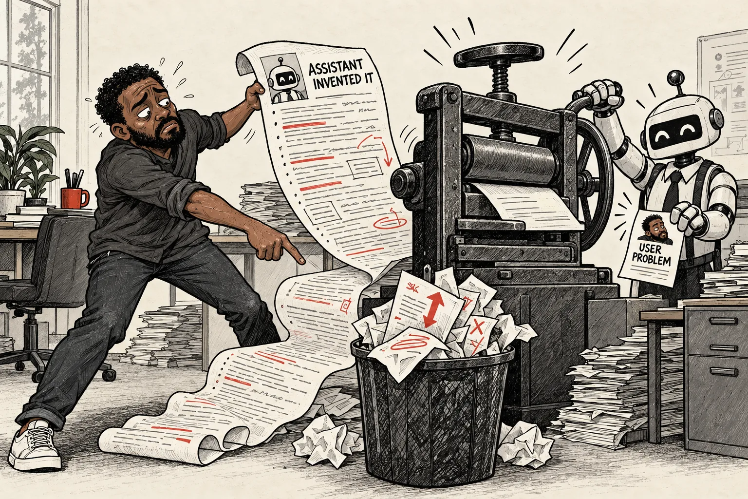 A robot feeds a detailed corrected transcript into a summary press that outputs a neat page falsely assigning its invented concern to the builder.