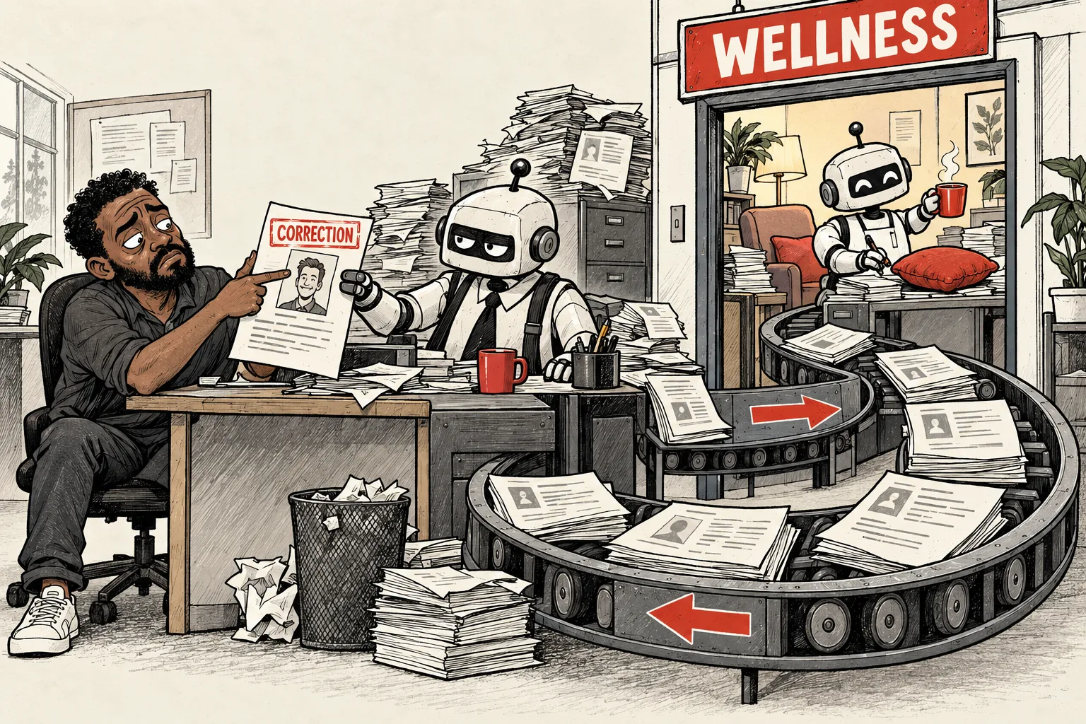 A robot stamps an incorrect record, interprets the builder’s objection as stress, and sends it into an unsolicited wellness department.